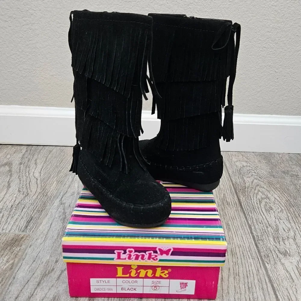 Link Candice 16KA Black Faux Suede Fringe Mid Calf Boots Size 5T
